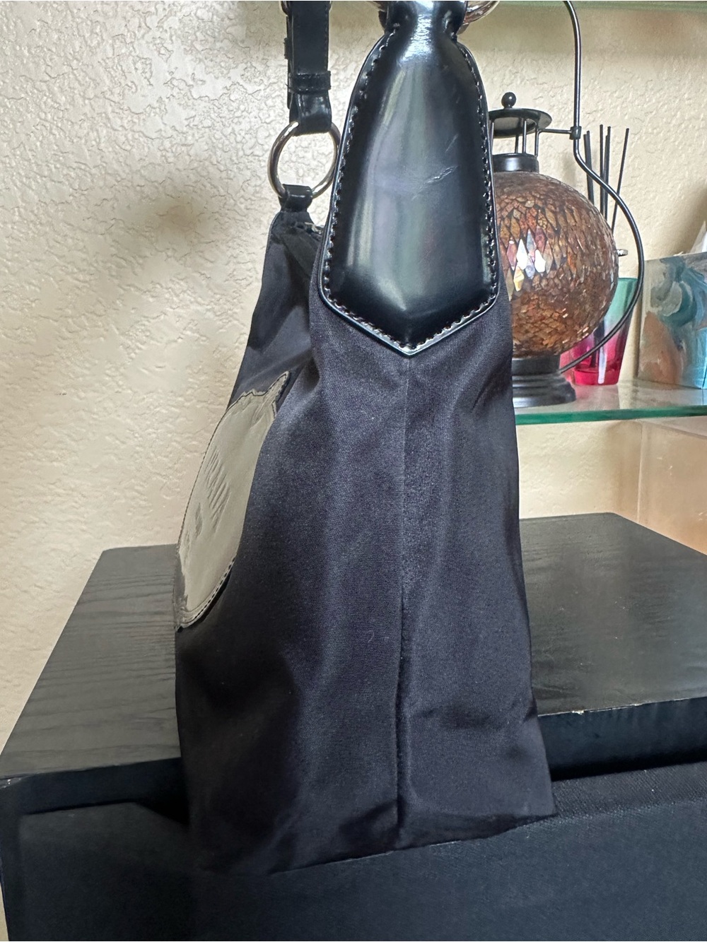 Authentic Prada black Tessuto Nylon Shoulder Bag with Leather Plaque - Picture 6 of 16